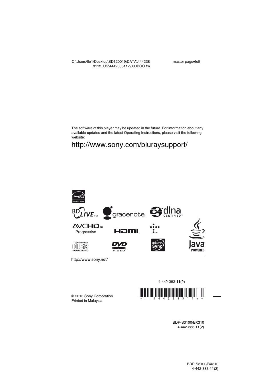 Sony BDP-S3100 User Manual | Page 44 / 44
