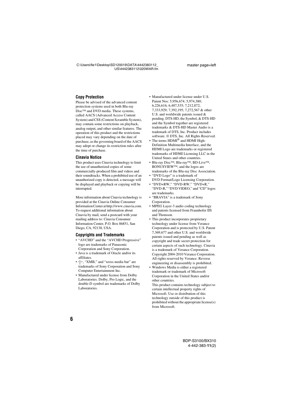 Sony BDP-S3100 User Manual | Page 6 / 44