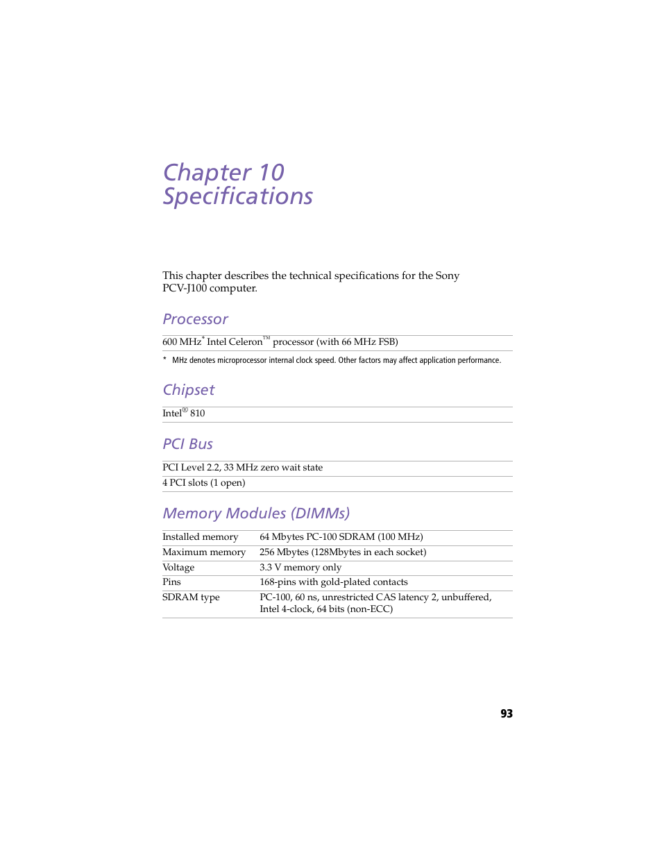 Specifications, Processor, Chipset | Pci bus, Memory modules (dimms), Chapter 10 — specifications, Processor chipset pci bus memory modules (dimms), Chapter 10 specifications | Sony PCV-J100 User Manual | Page 107 / 114