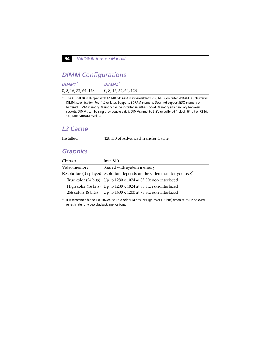 Dimm configurations, L2 cache, Graphics | Dimm configurations l2 cache graphics | Sony PCV-J100 User Manual | Page 108 / 114