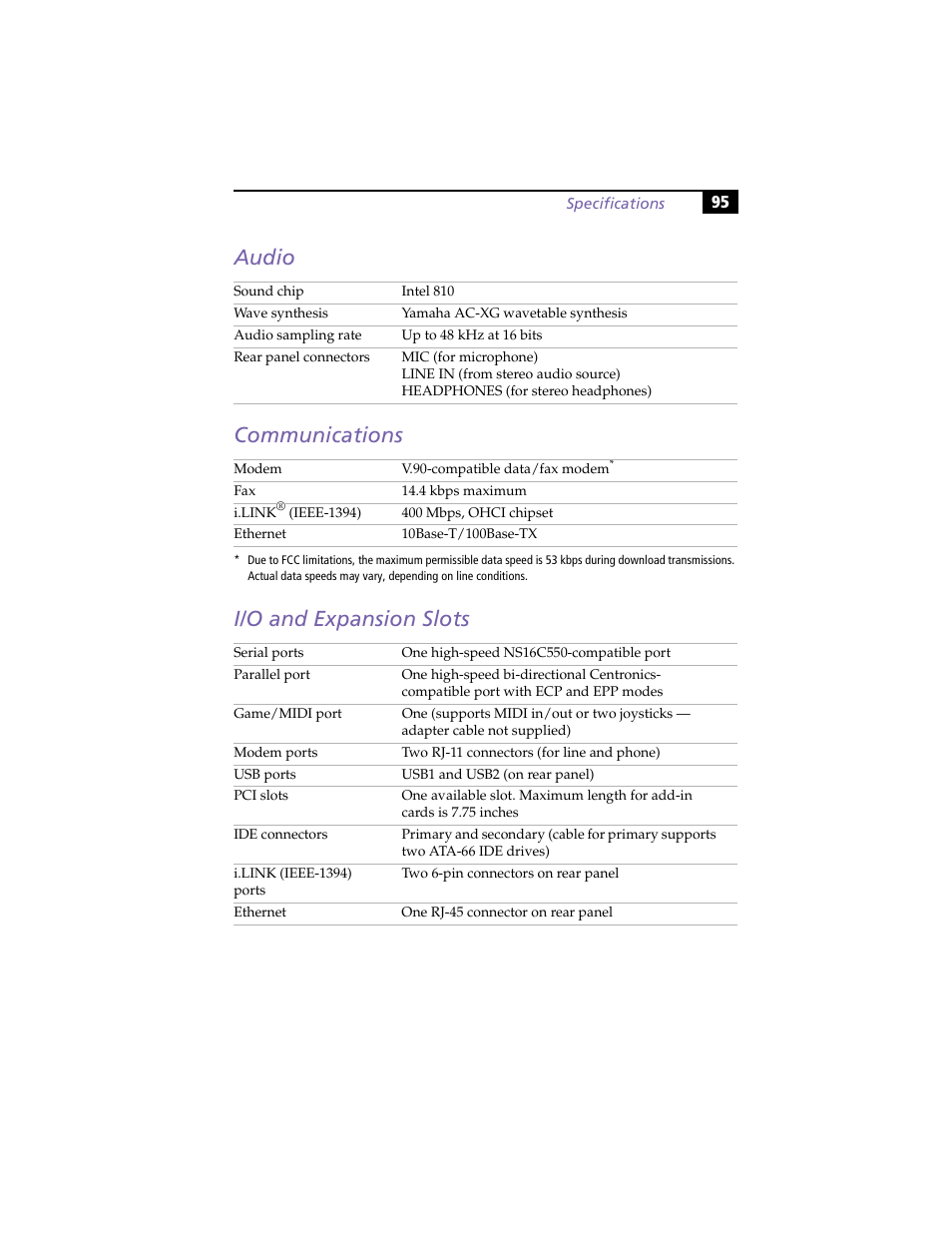 Audio, Communications, I/o and expansion slots | Audio communications i/o and expansion slots | Sony PCV-J100 User Manual | Page 109 / 114