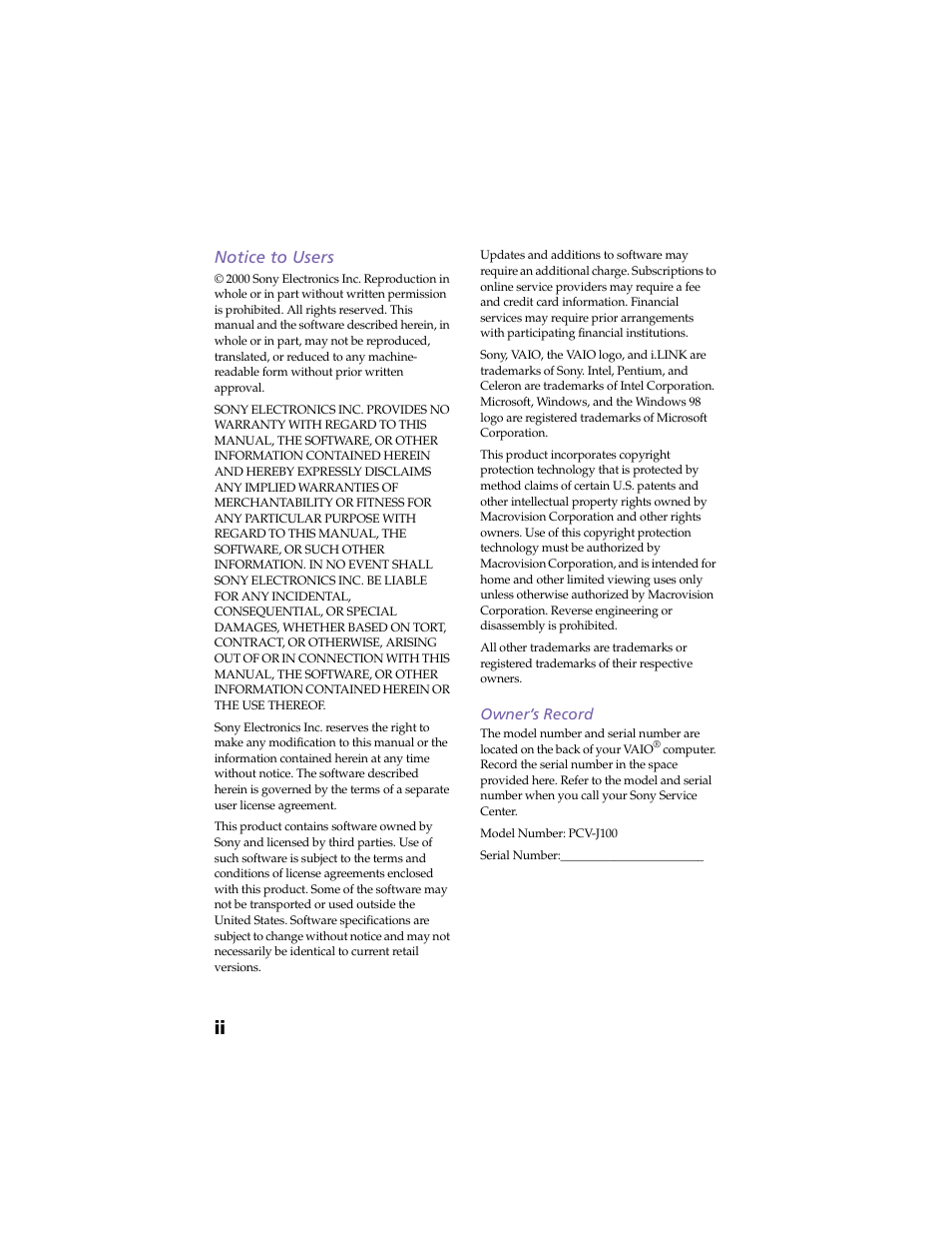 Notice to users, Owner’s record | Sony PCV-J100 User Manual | Page 2 / 114