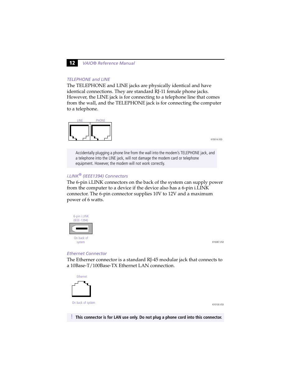 Telephone and line, I.link® (ieee1394) connectors, Ethernet connector | Sony PCV-J100 User Manual | Page 26 / 114