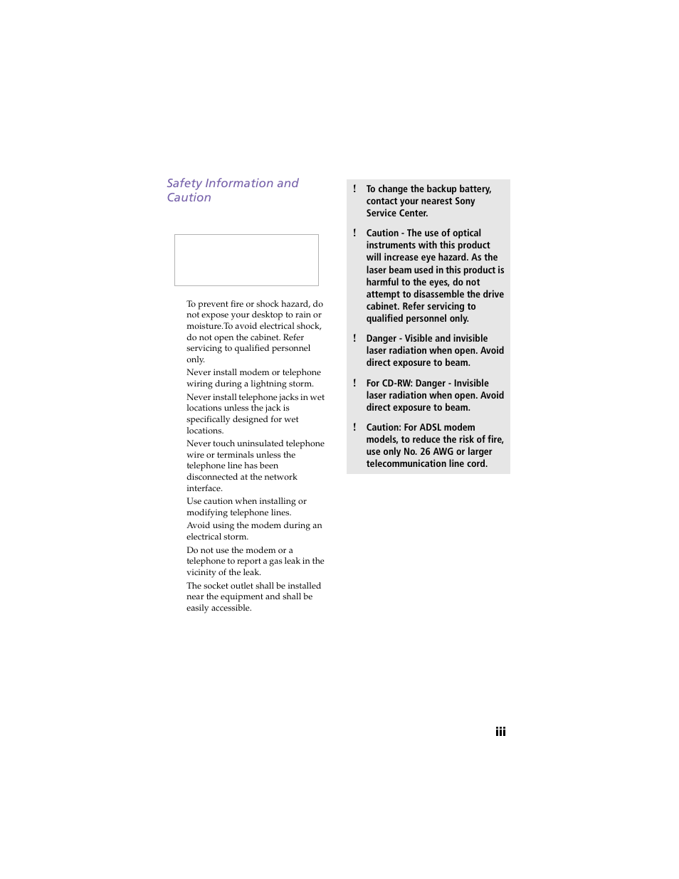 Safety information and caution, Iii safety information and caution | Sony PCV-J100 User Manual | Page 3 / 114