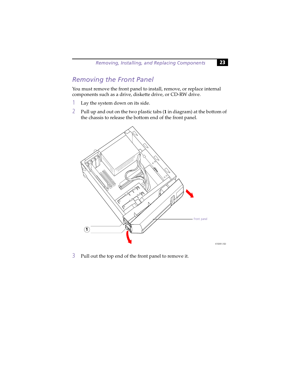 Removing the front panel | Sony PCV-J100 User Manual | Page 37 / 114