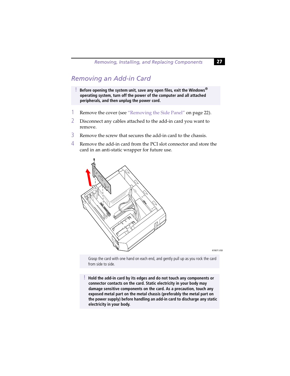 Removing an add-in card | Sony PCV-J100 User Manual | Page 41 / 114