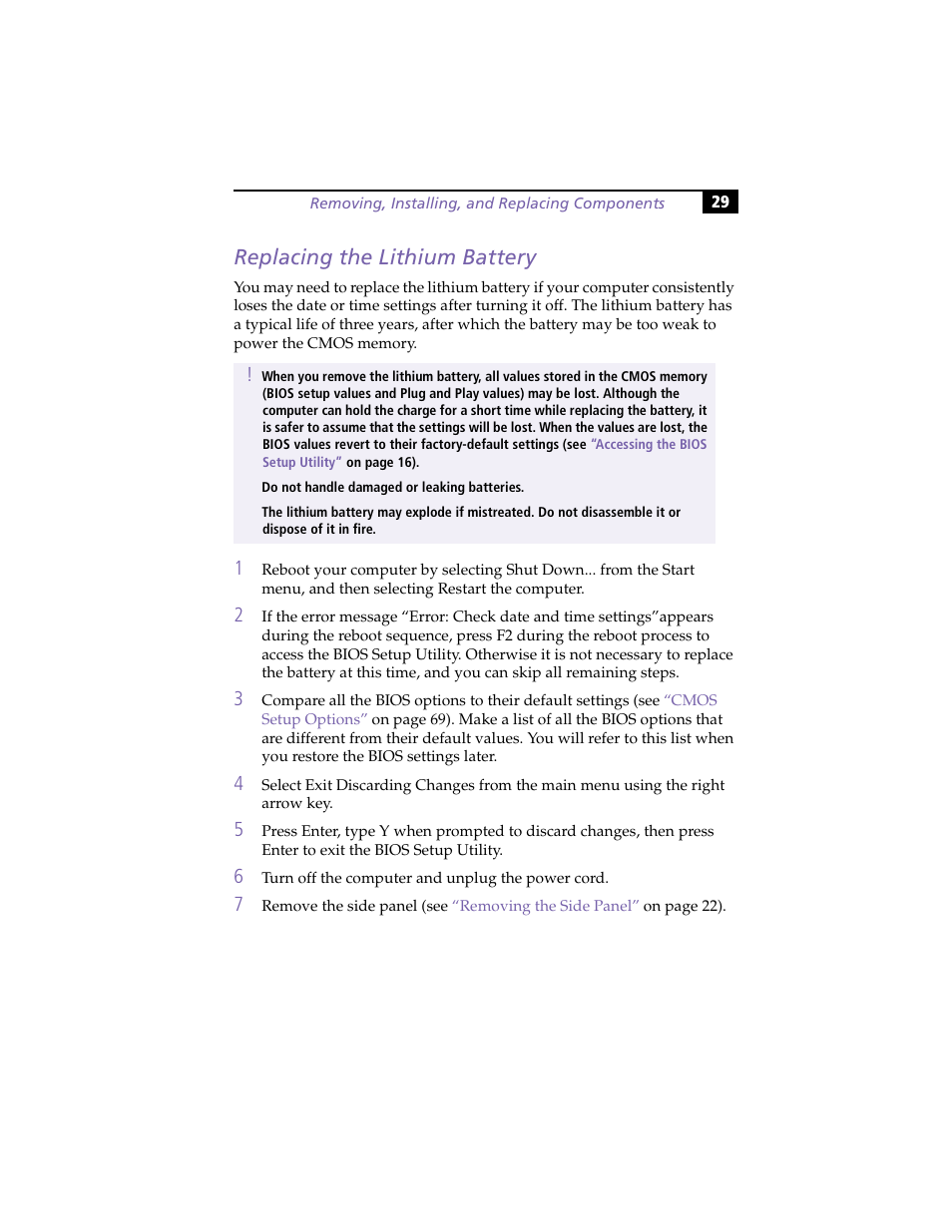 Replacing the lithium battery | Sony PCV-J100 User Manual | Page 43 / 114