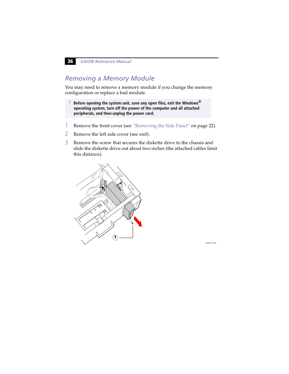 Removing a memory module | Sony PCV-J100 User Manual | Page 50 / 114