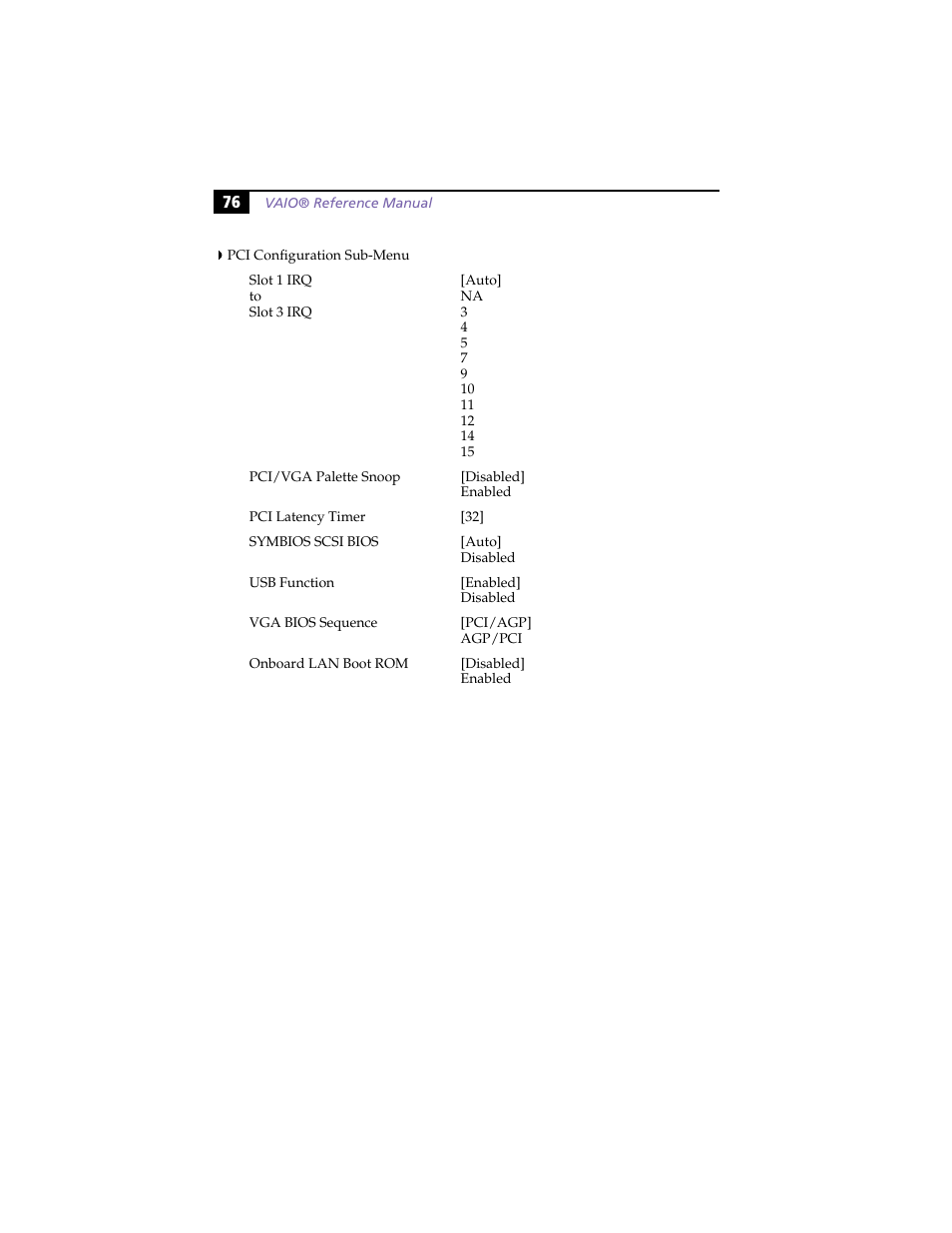 Pci configuration sub-menu | Sony PCV-J100 User Manual | Page 90 / 114