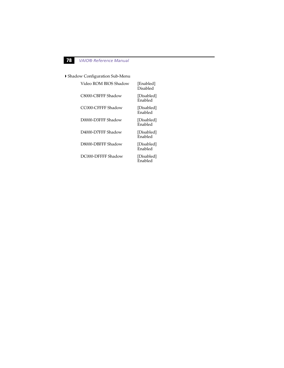 Shadow configuration sub-menu | Sony PCV-J100 User Manual | Page 92 / 114