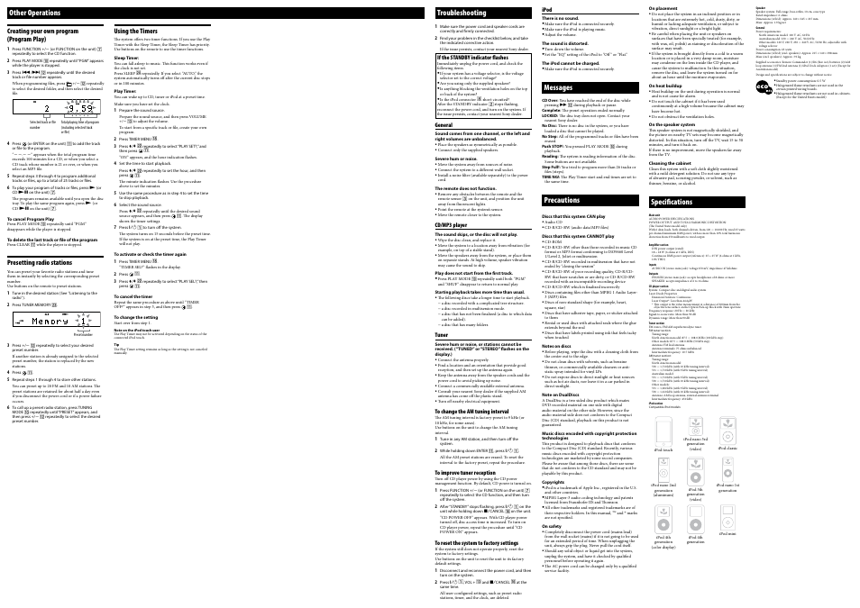 Other operations, Troubleshooting, Messages | Precautions, Specifications | Sony CMT-BX20I User Manual | Page 2 / 2