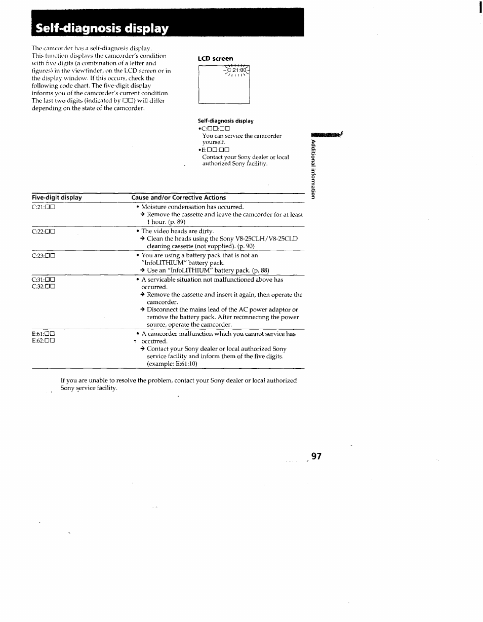 Self-diagnosis display | Sony CCD-TRV95 User Manual | Page 100 / 110