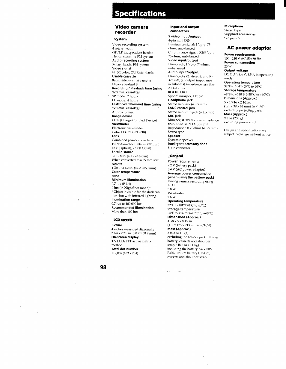 Specifications, Video camera recorder, Ac power adaptor | Lcd screen, Input and output connectors, General | Sony CCD-TRV95 User Manual | Page 101 / 110