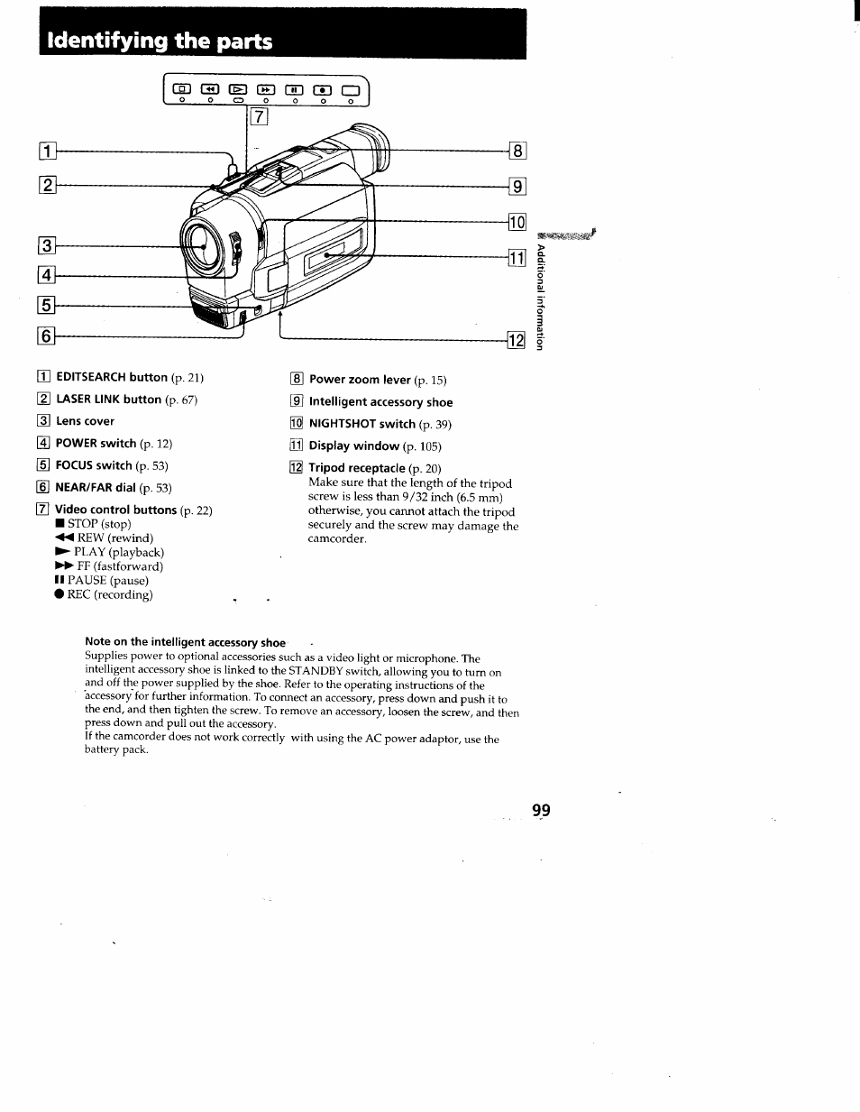 Tripod receptacle (p. 20), Note on the intelligent accessory shoe | Sony CCD-TRV95 User Manual | Page 102 / 110