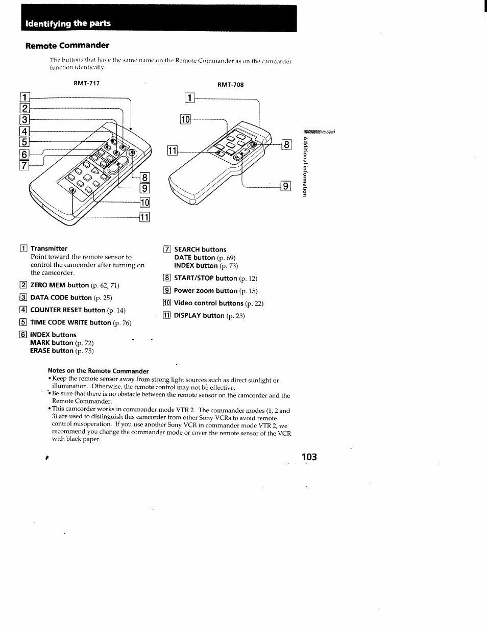 Rmt-708, T] transmitter, 2] zero mem button (p. 62, 71) | H time code write button (p. 76), Index buttons mark button (p, 72), Erase button (p. 75), Notes on the remote commander, Identifying the parts | Sony CCD-TRV95 User Manual | Page 106 / 110