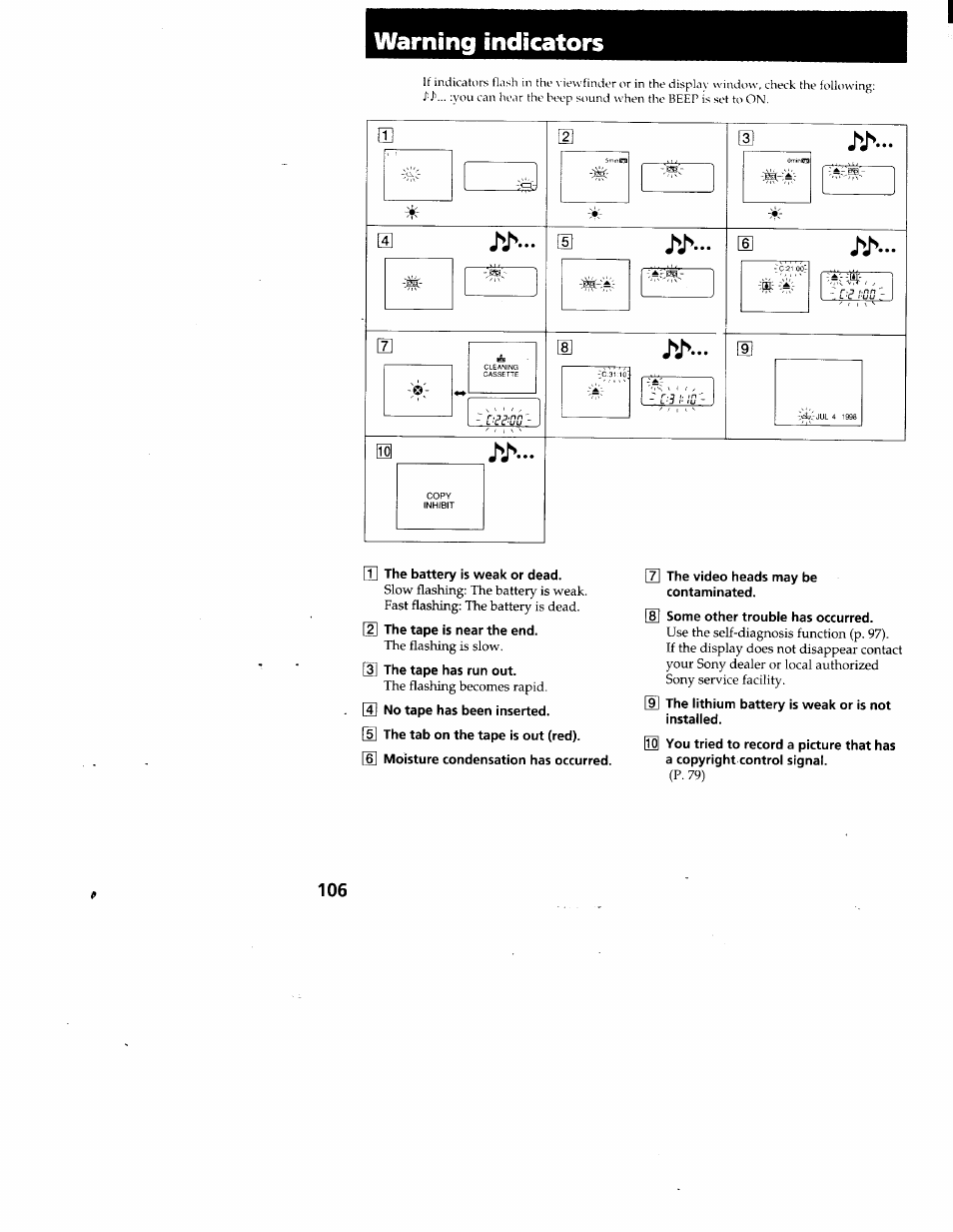 Warning indicators | Sony CCD-TRV95 User Manual | Page 109 / 110