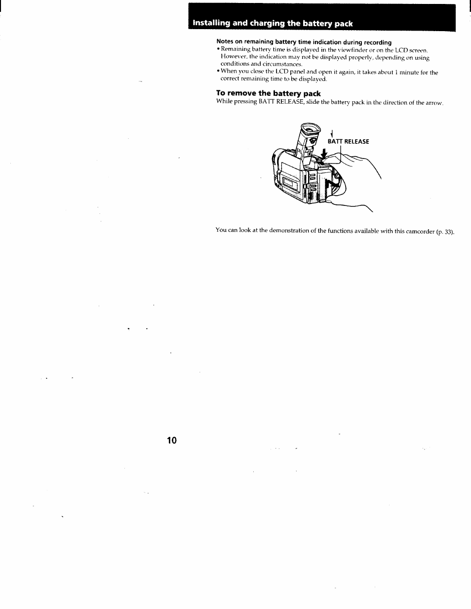 To remove the battery pack, Installing and charging the battery pack | Sony CCD-TRV95 User Manual | Page 11 / 110