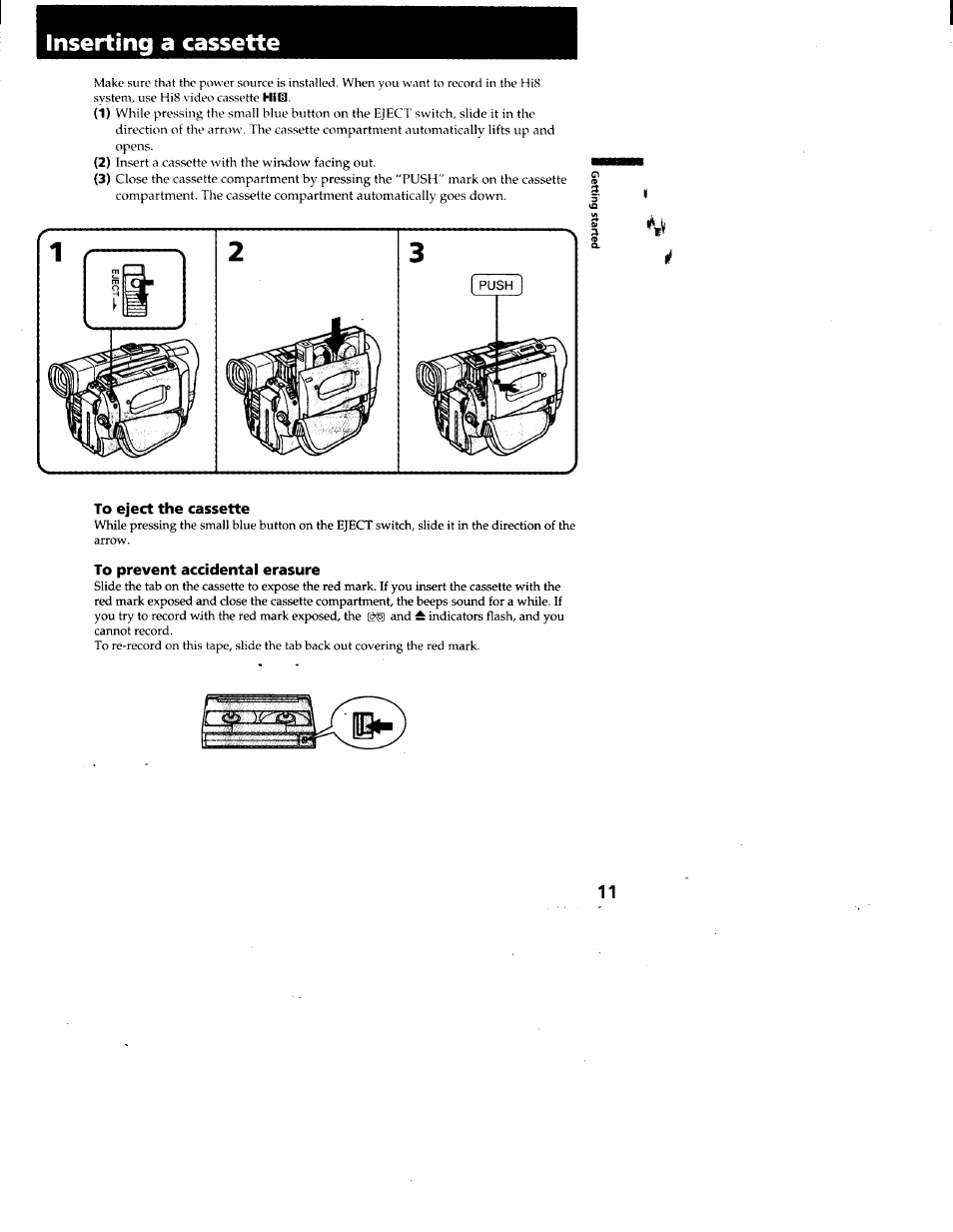 Inserting a cassette, To eject the cassette, To prevent accidental erasure | Sony CCD-TRV95 User Manual | Page 12 / 110