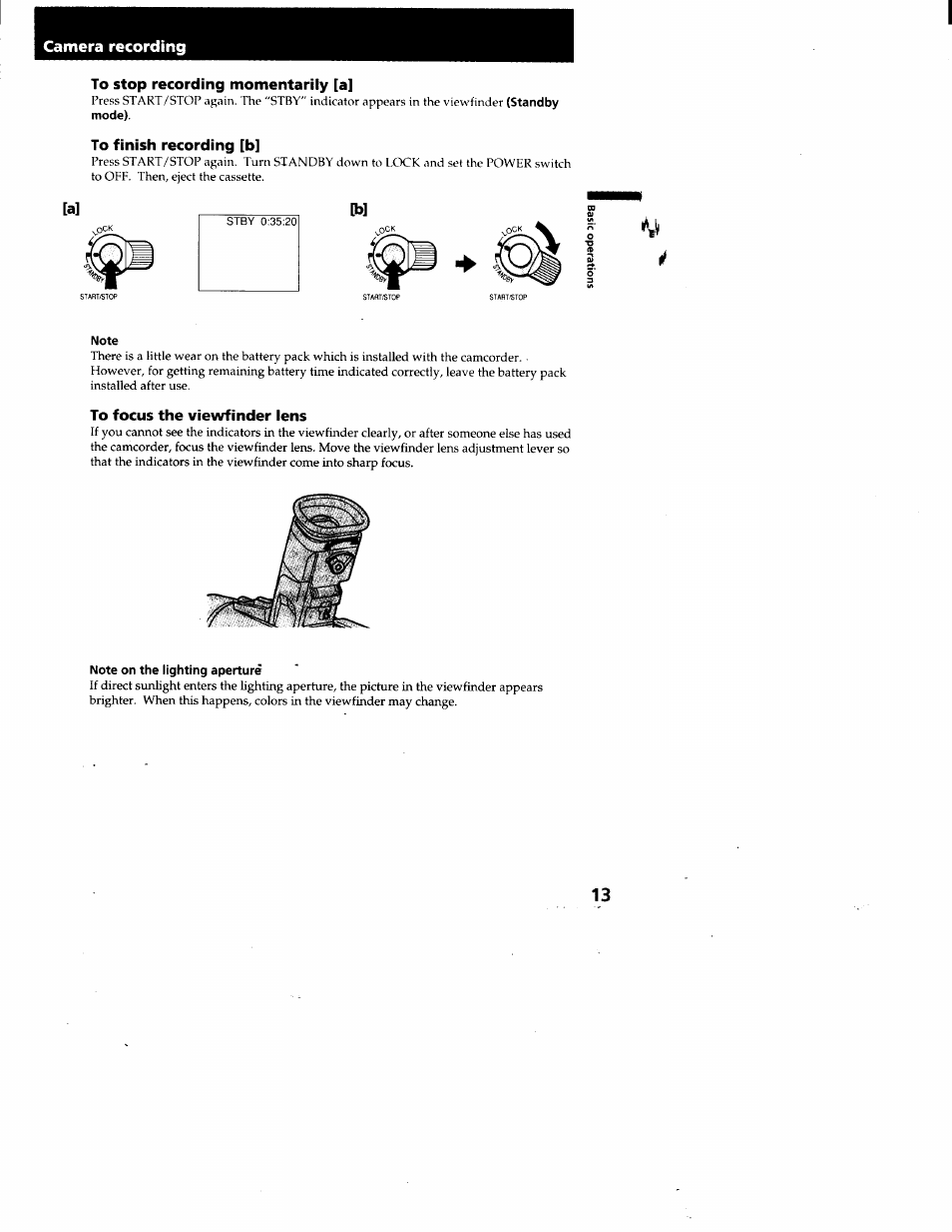 To stop recording momentarily [a, To finish recording [b, Note | To focus the viewfinder lens, Note on the lighting aperture, Camera recording | Sony CCD-TRV95 User Manual | Page 14 / 110