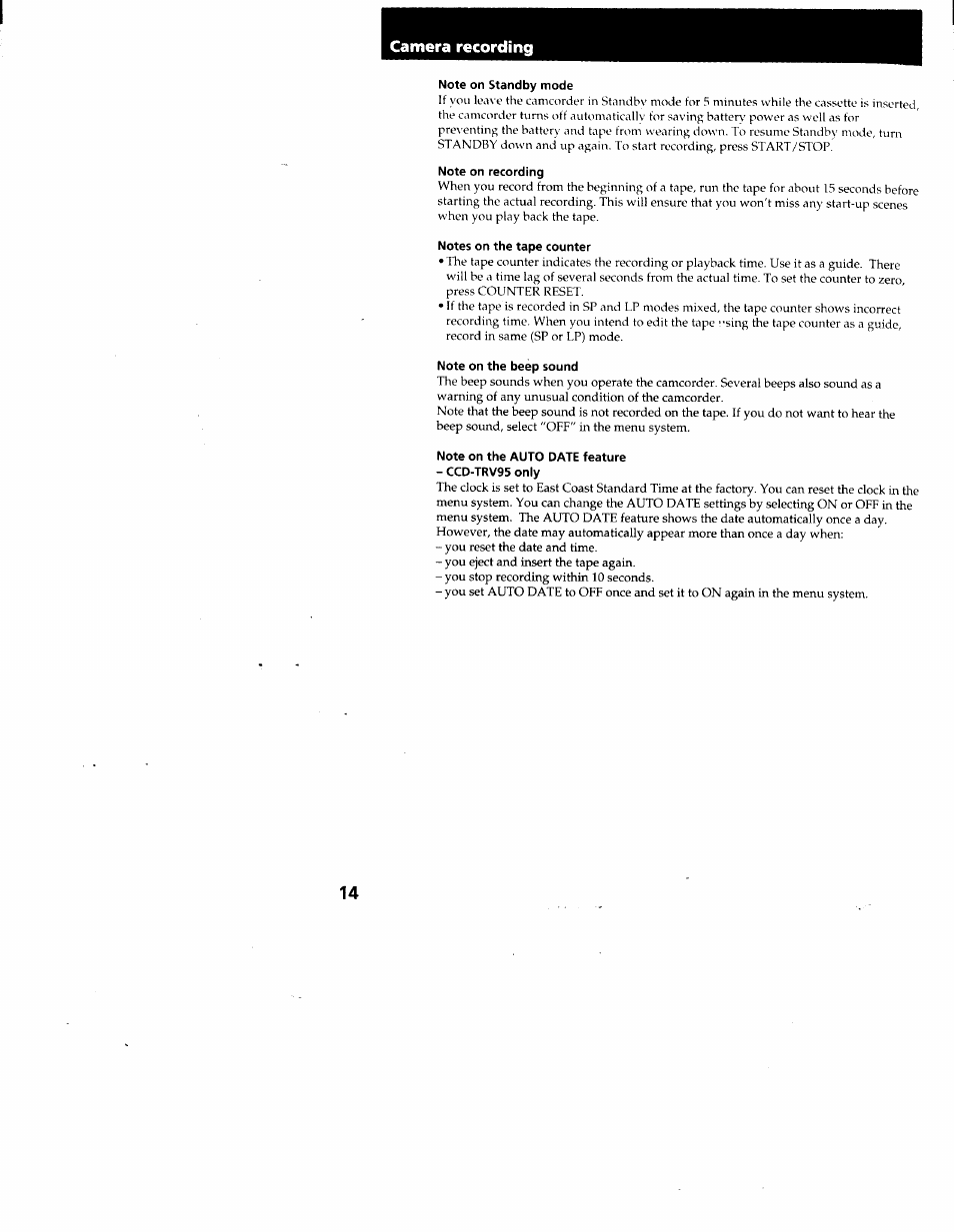Note on standby mode, Note on recording, Notes on the tape counter | Note on the beep sound, Note on the auto date feature, Camera recording | Sony CCD-TRV95 User Manual | Page 15 / 110