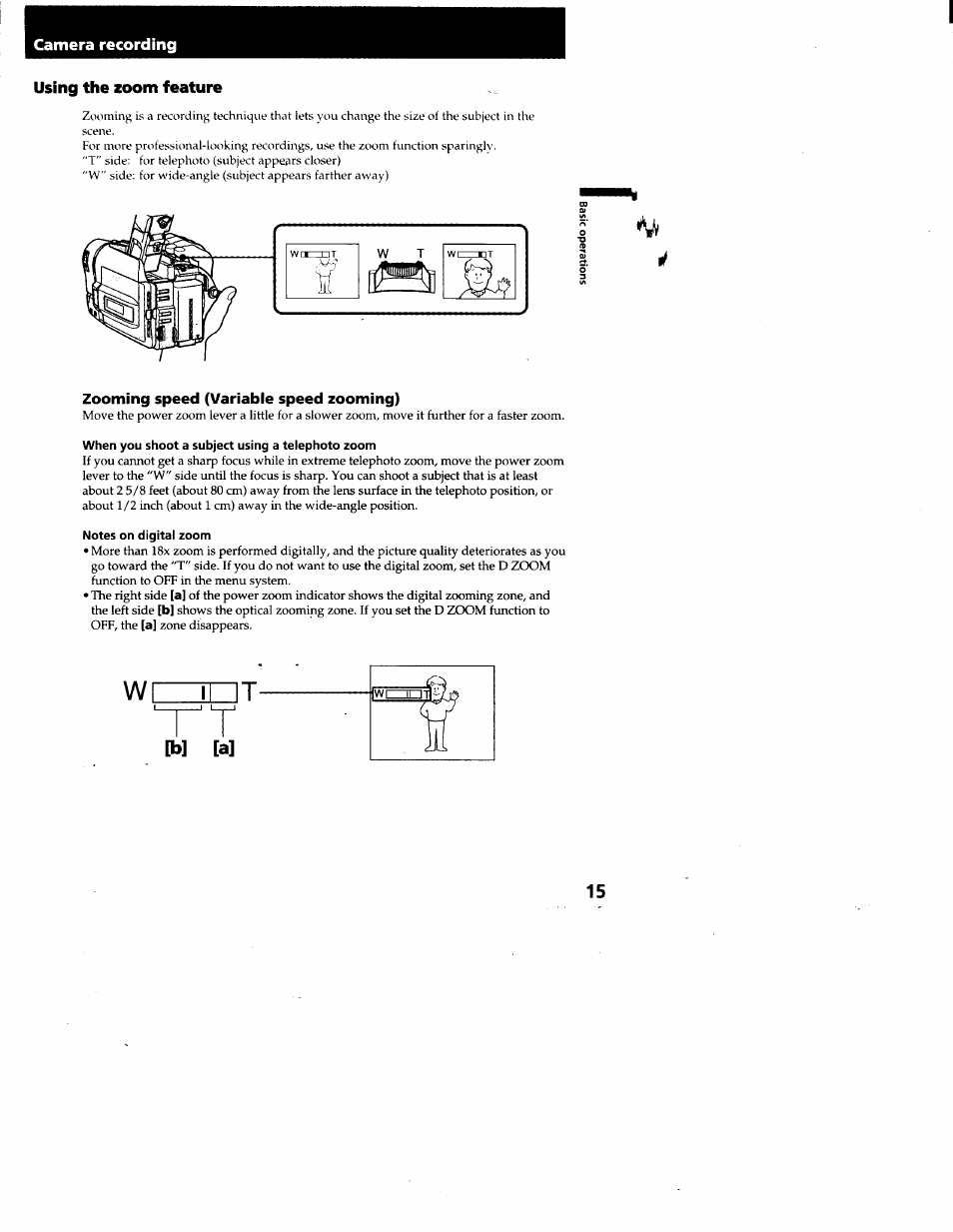 Using the zoom feature, Zooming speed (variable speed zooming), Notes on digital zoom | Camera recording | Sony CCD-TRV95 User Manual | Page 16 / 110