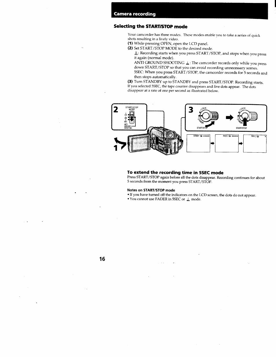 Selecting the start/stop mode, To extend the recording time in 5sec mode, Notes on start/stop mode | Camera recording | Sony CCD-TRV95 User Manual | Page 17 / 110