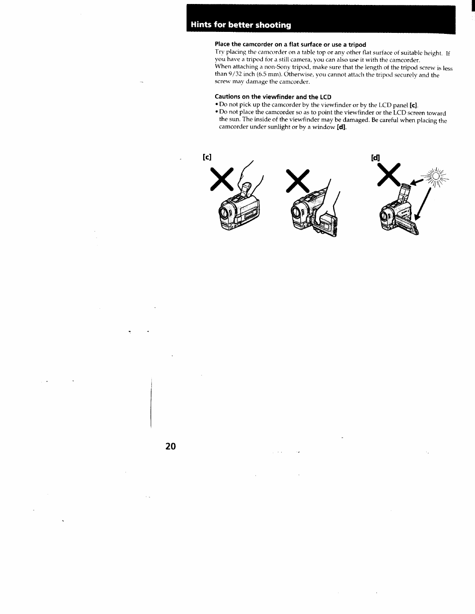 Hints for better shooting, Cautions on the viewfinder and the lcd | Sony CCD-TRV95 User Manual | Page 21 / 110