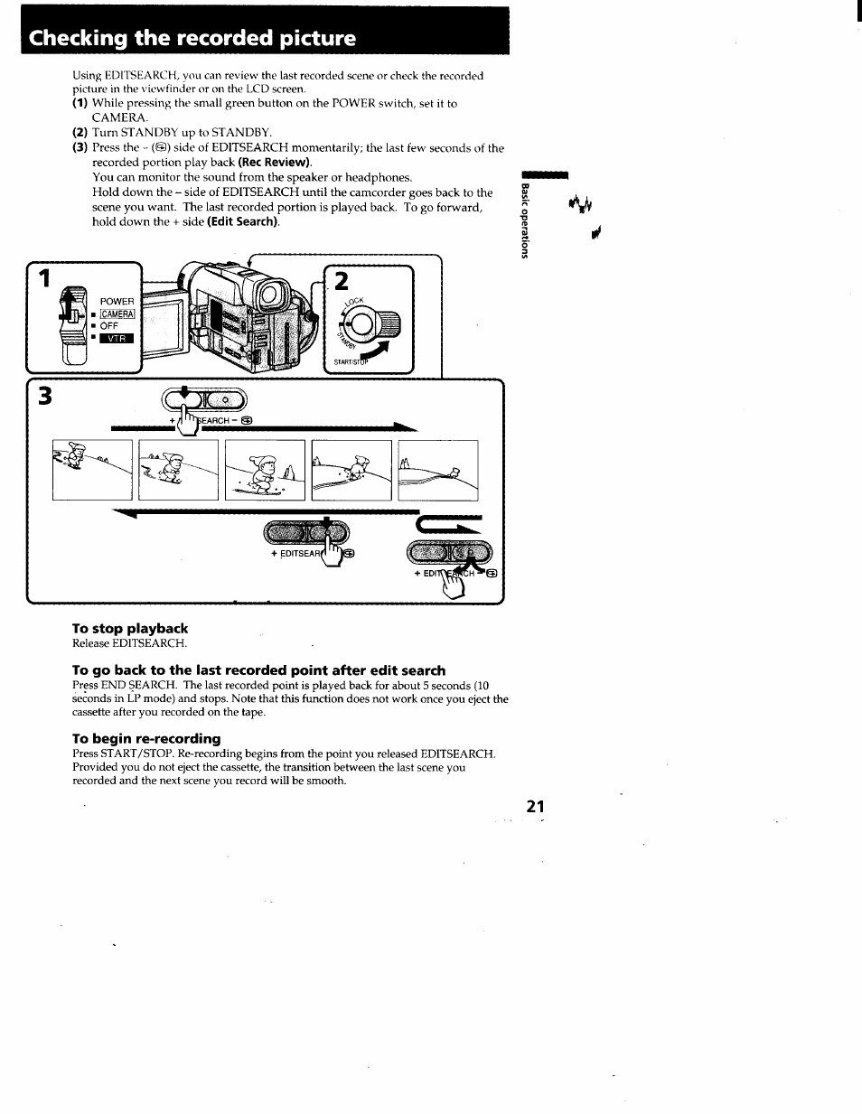 Checking the recorded picture, To stop playback, To begin re-recording | Sony CCD-TRV95 User Manual | Page 22 / 110