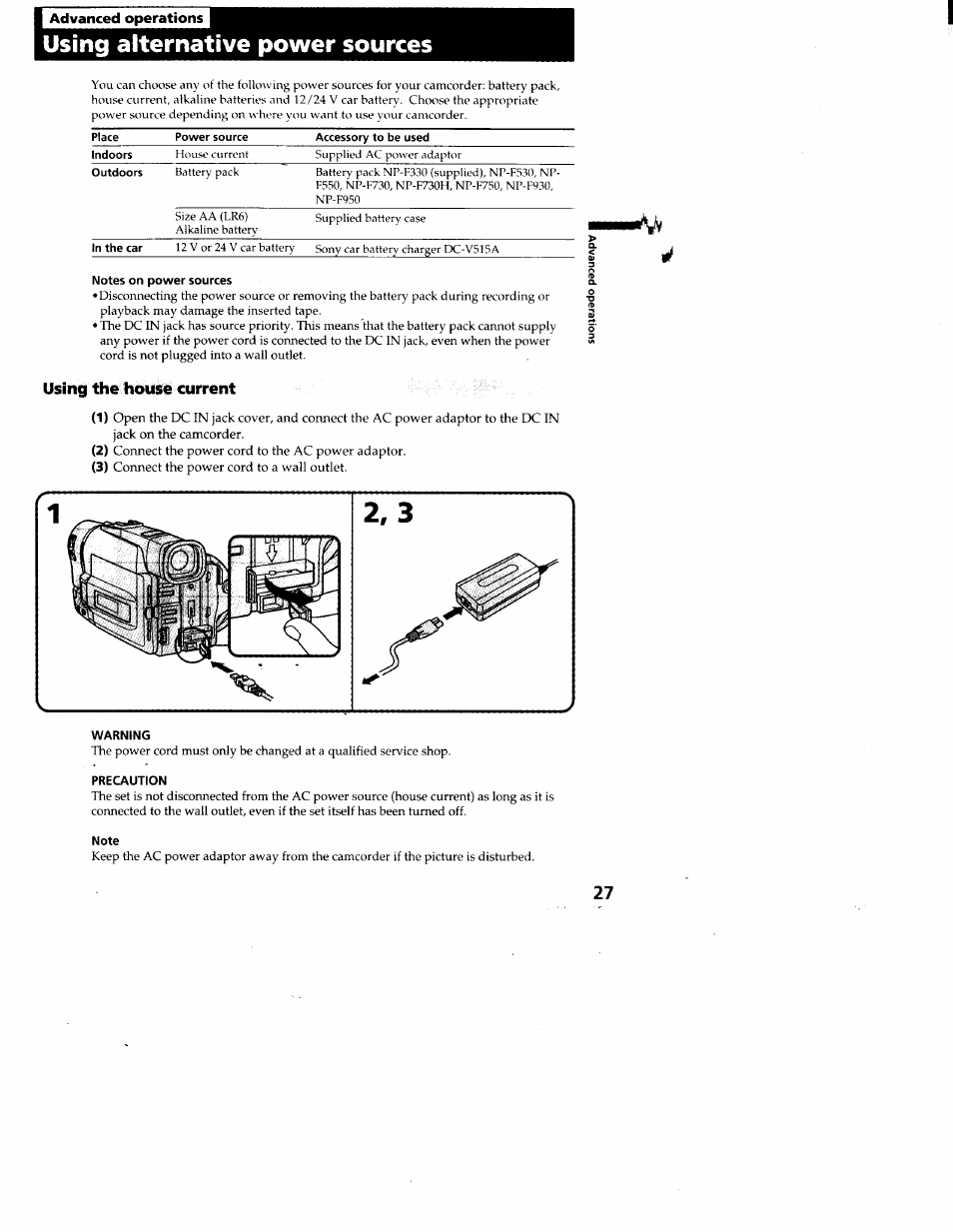 I advanced operations, Using alternative power sources, Notes on power sources | Using the house current, Warning, Precaution, Note | Sony CCD-TRV95 User Manual | Page 28 / 110