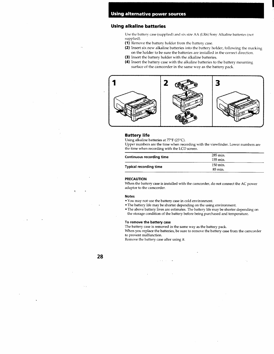 Using alkaline batteries, Precaution, Notes | To remove the battery case | Sony CCD-TRV95 User Manual | Page 29 / 110