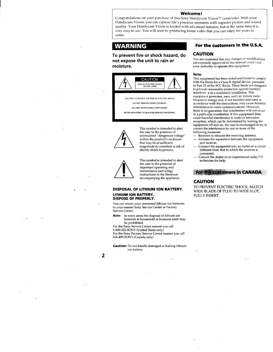 Welcome, For the customers in the u.s.a. caution, For1itj|%uistomers in canada caution | Warning | Sony CCD-TRV95 User Manual | Page 3 / 110