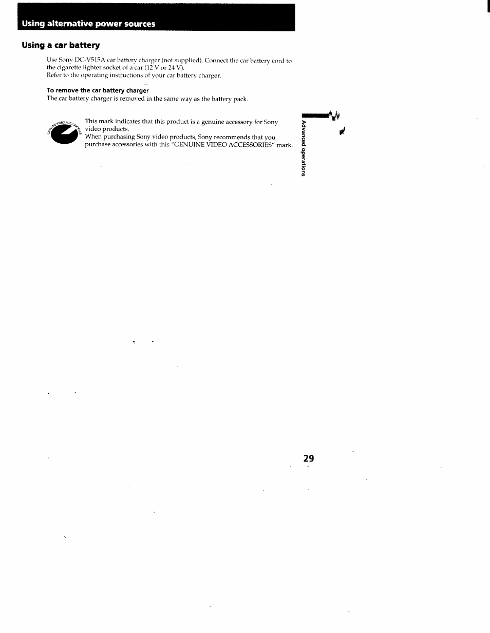 Using a car battery, To remove the car battery charger | Sony CCD-TRV95 User Manual | Page 30 / 110