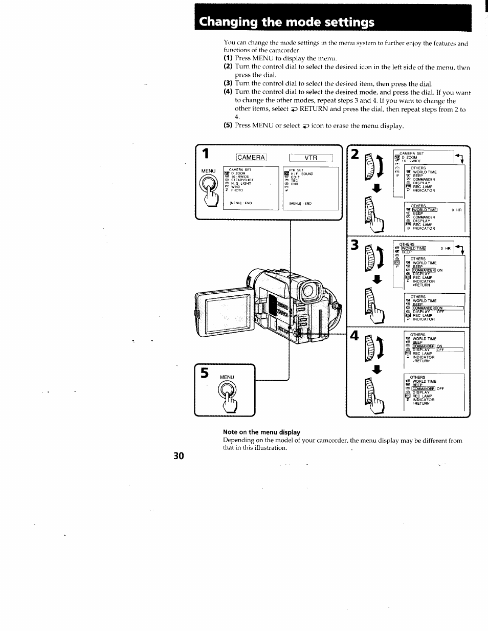 Changing the mode settings, Note on the menu display | Sony CCD-TRV95 User Manual | Page 31 / 110