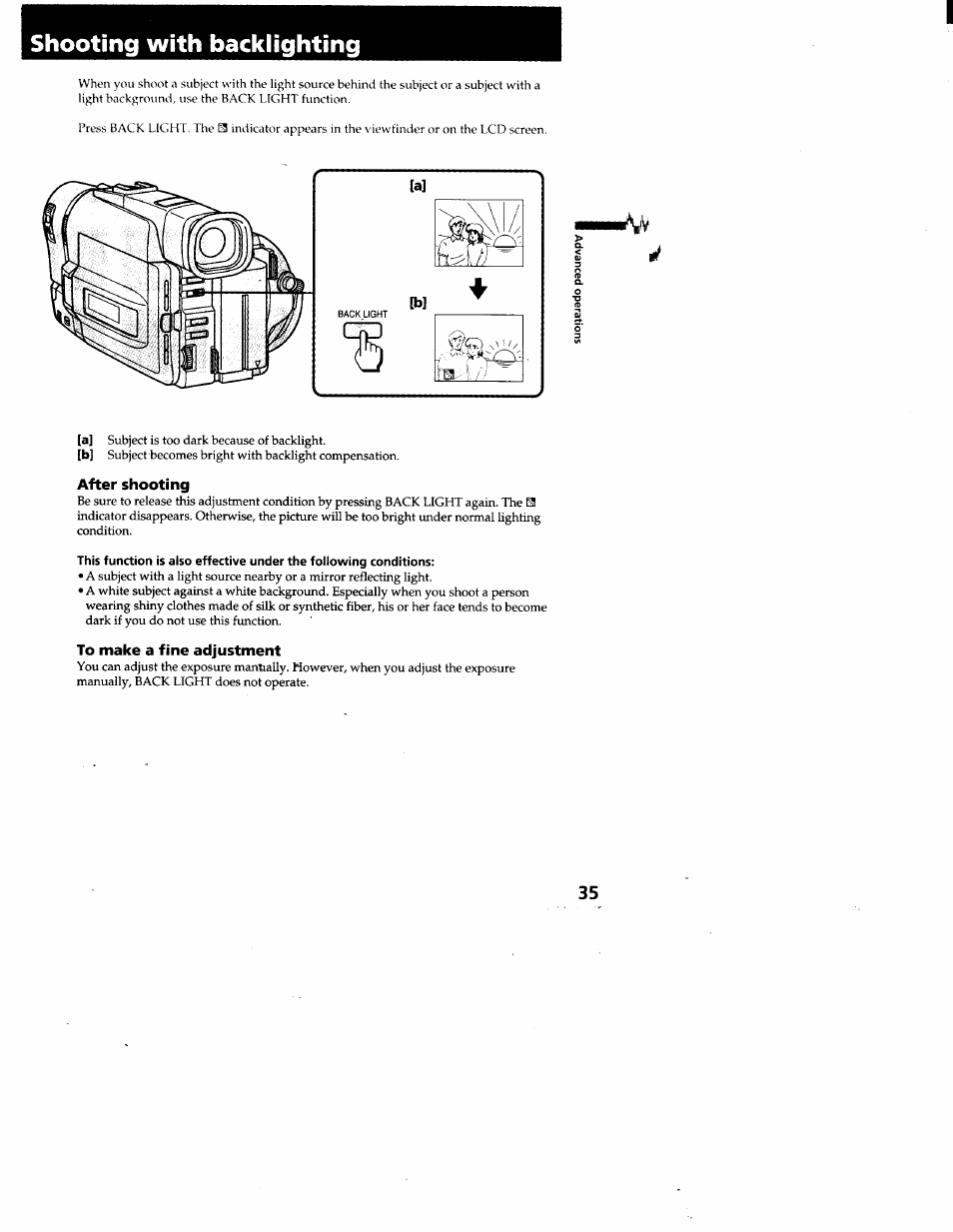 Shooting with backlighting, After shooting, To make a fine adjustment | Sony CCD-TRV95 User Manual | Page 36 / 110