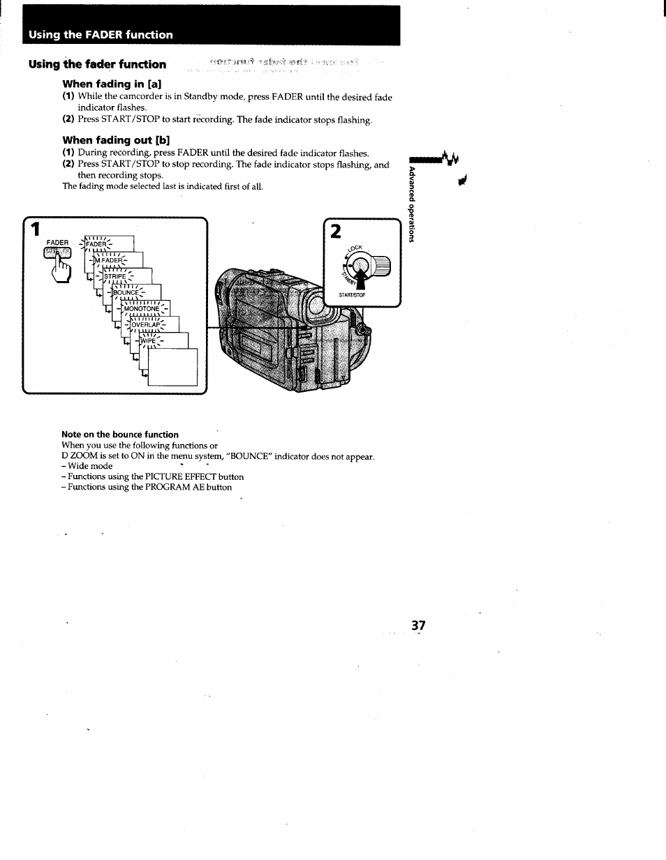 Using the fader function, When fading in [a, When fading out [b | Note on the bounce function | Sony CCD-TRV95 User Manual | Page 38 / 110