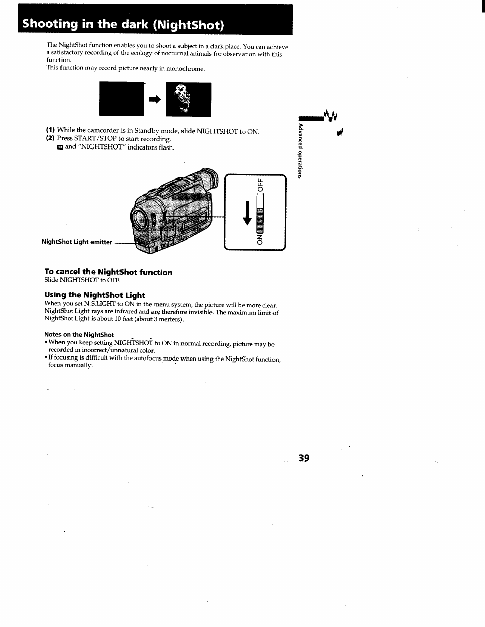 Shooting in the dark (nightshot), To cancel the nightshot function, Using the nightshot light | Notes on the nightshot | Sony CCD-TRV95 User Manual | Page 40 / 110