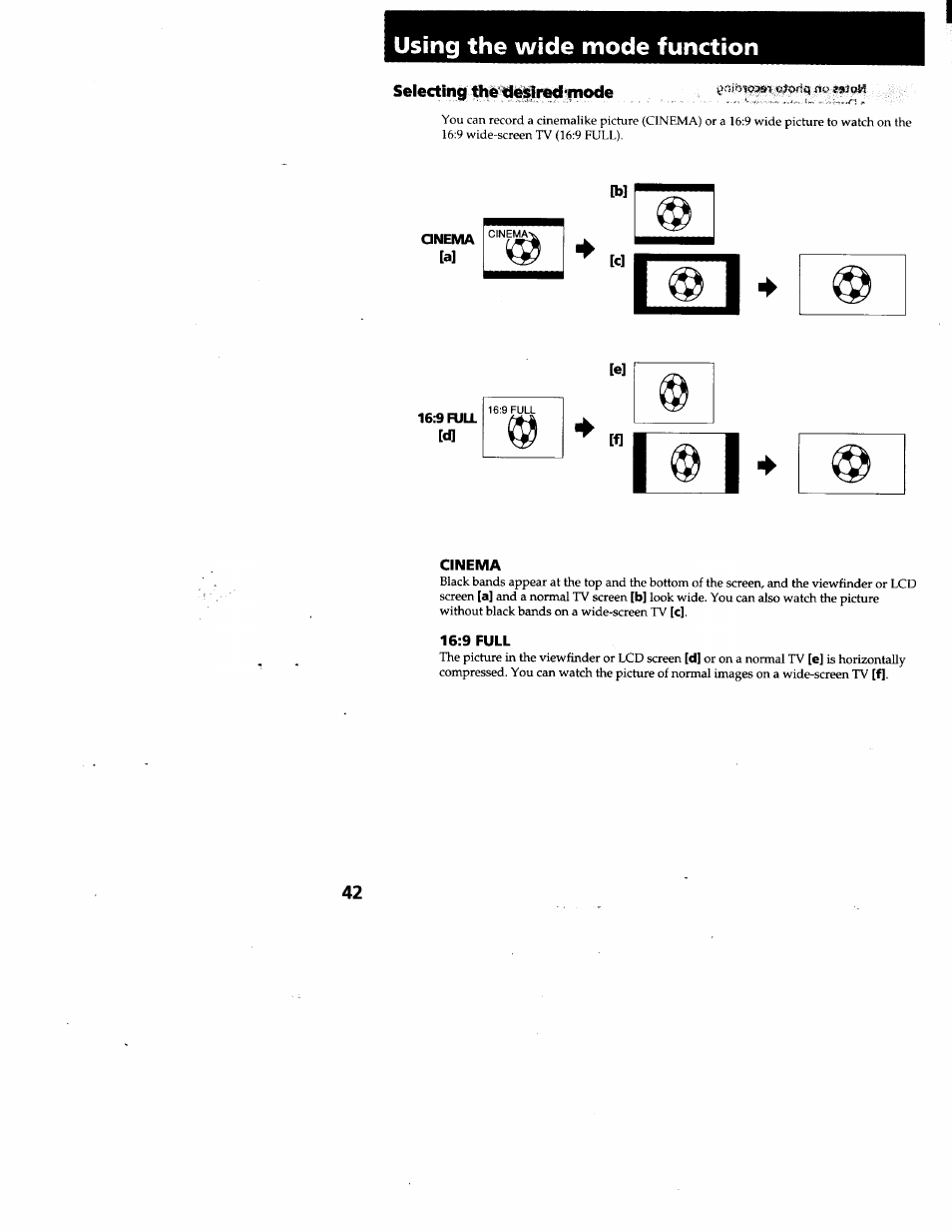 Using the wide mode function, Selecting the desired‘fnode, Qnema | 16 full, Cinema, 9 full | Sony CCD-TRV95 User Manual | Page 43 / 110