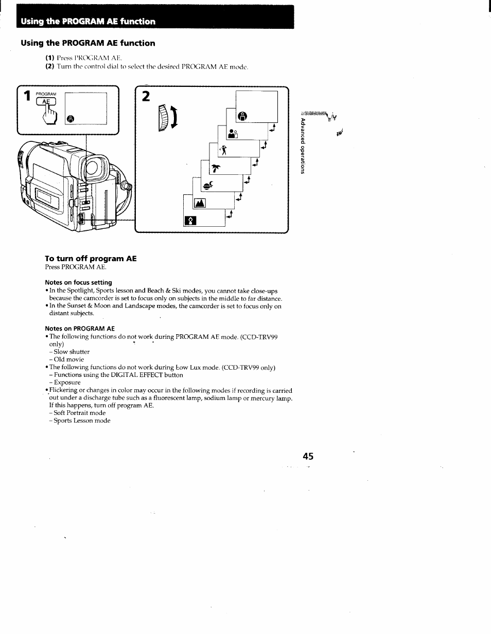 Using the program ae function, To turn off program ae, Notes on focus setting | Notes on program ae | Sony CCD-TRV95 User Manual | Page 46 / 110