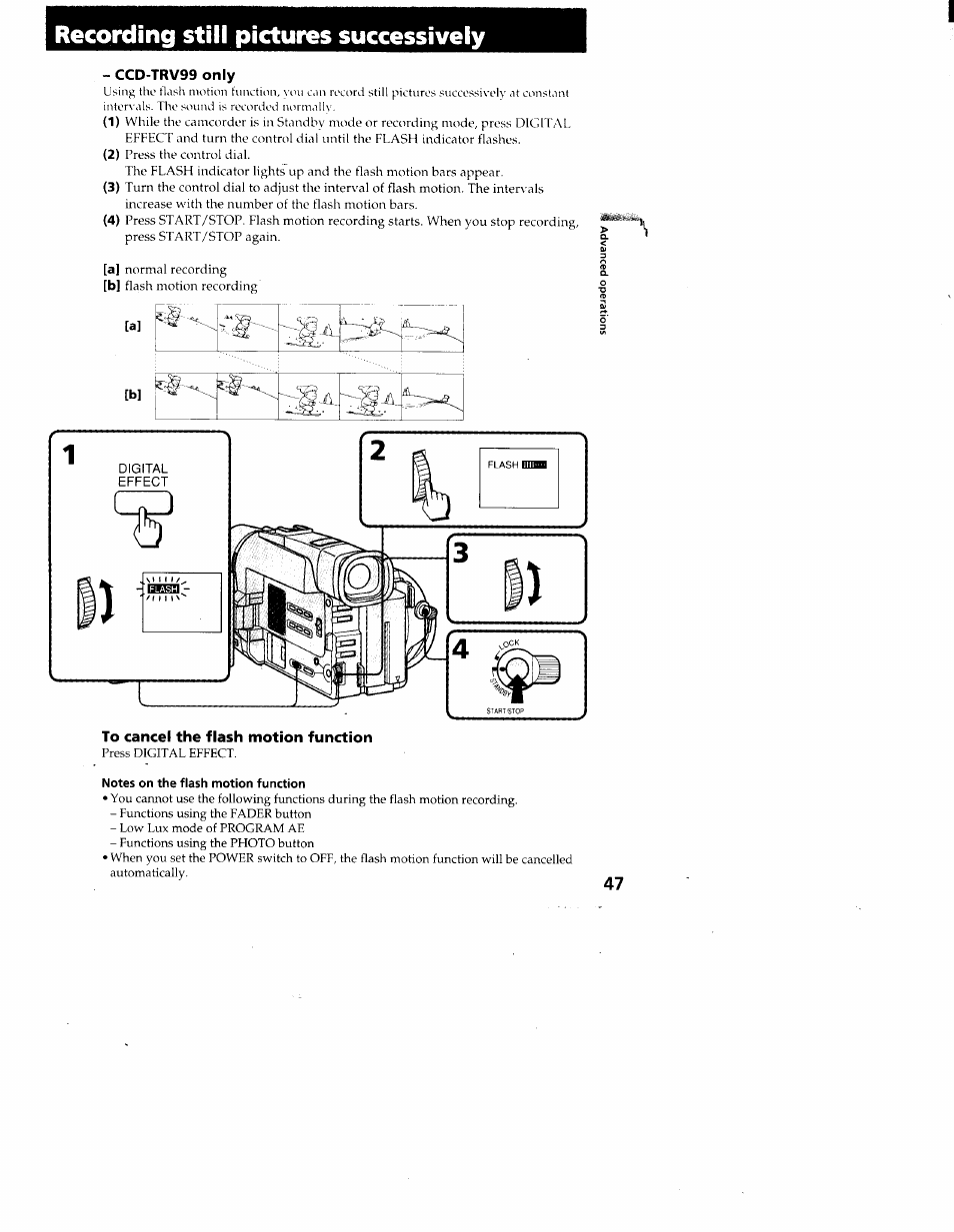 Recording still pictures successively, Ccd-trv99 only, To cancel the flash motion function | Notes on the flash motion function | Sony CCD-TRV95 User Manual | Page 48 / 110
