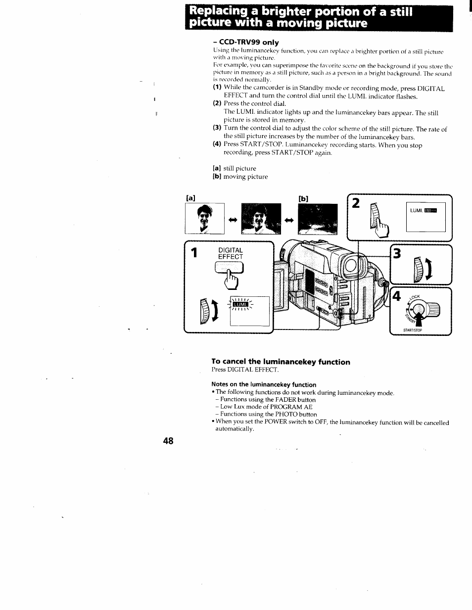 Ccd-trv99 only, To cancel the luminancekey function, Notes on the luminancekey function | Ccd-trv99 only) | Sony CCD-TRV95 User Manual | Page 49 / 110