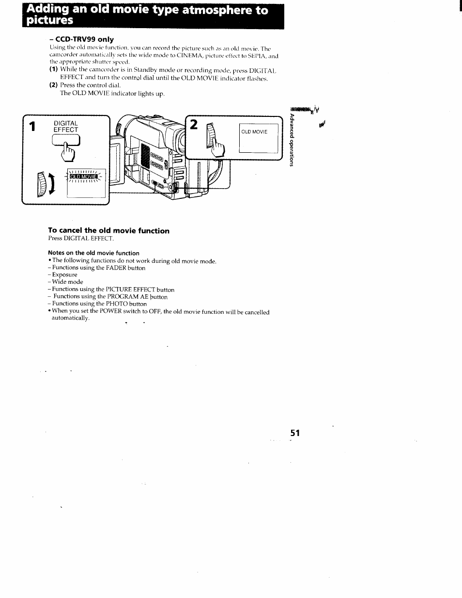 Adding an old movie type atmosphere to pictures, Ccd-trv99 only, To cancel the old movie function | Notes on the old movie function | Sony CCD-TRV95 User Manual | Page 52 / 110