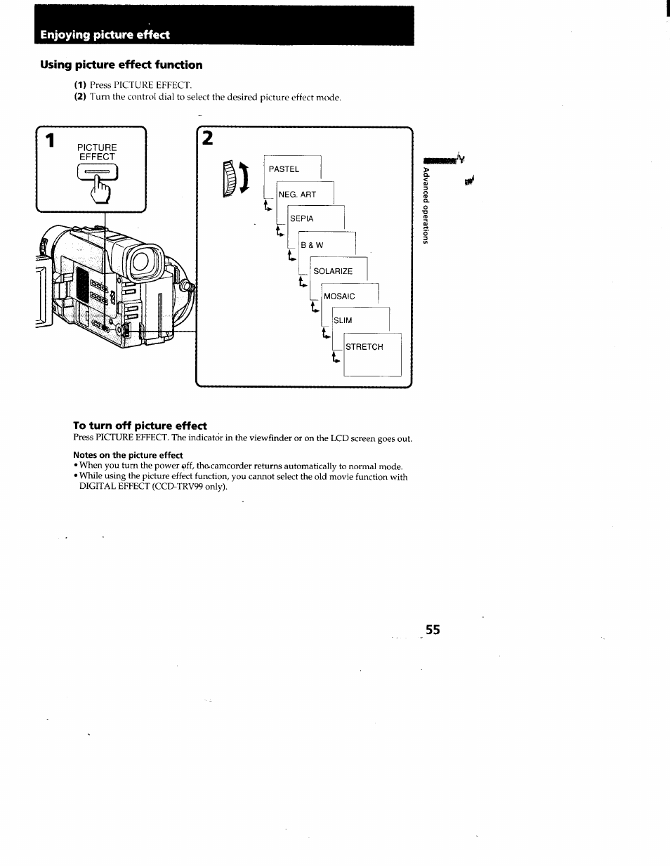 Enjoying picture effect, Using picture effect function, To turn off picture effect | Sony CCD-TRV95 User Manual | Page 56 / 110