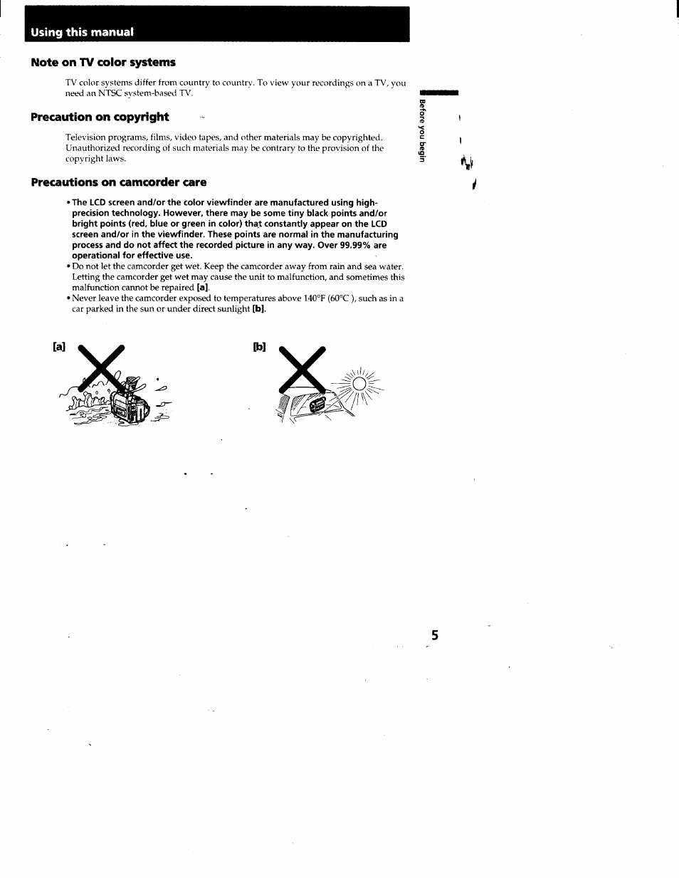 Using this manual, Note on tv color systems, Precaution on copyright | Precautions on camcorder care | Sony CCD-TRV95 User Manual | Page 6 / 110