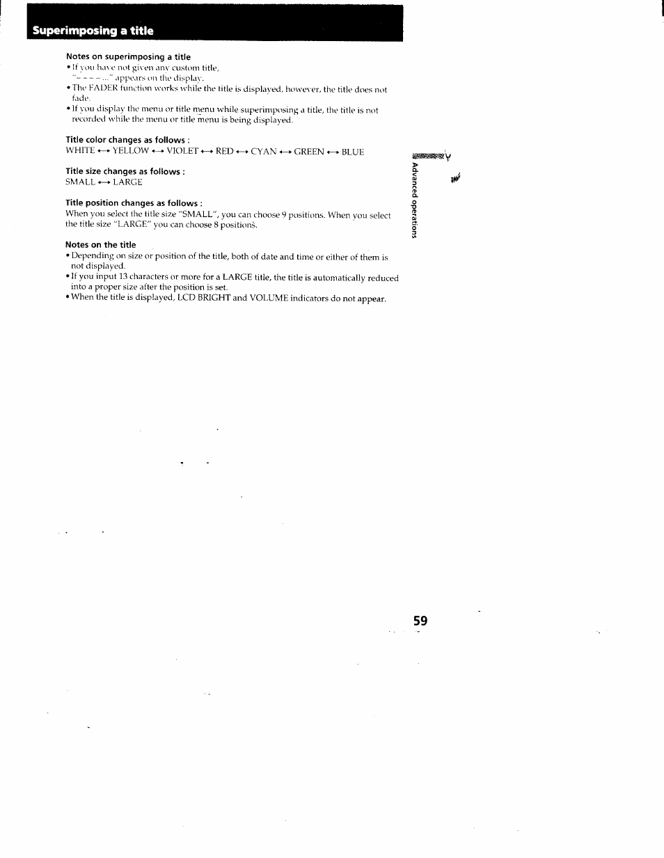 Superimposing a title, Notes on superimposing a title, Title color changes as follows | Title size changes as follows, Title position changes as follows, Notes on the title | Sony CCD-TRV95 User Manual | Page 60 / 110