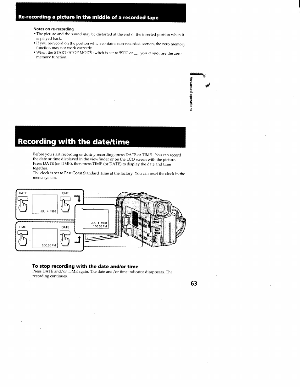 Notes on re-recording, Recording with the date/time, To stop recording with the date and/or time | Sony CCD-TRV95 User Manual | Page 66 / 110