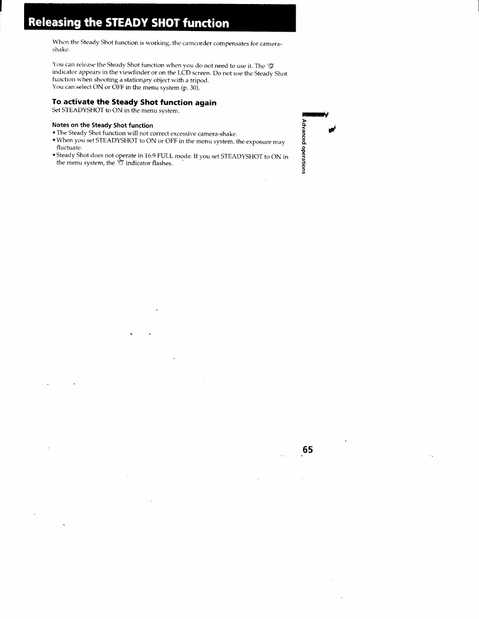Releasing the steady shot function, To activate the steady shot function again, Notes on the steady shot function | Sony CCD-TRV95 User Manual | Page 68 / 110