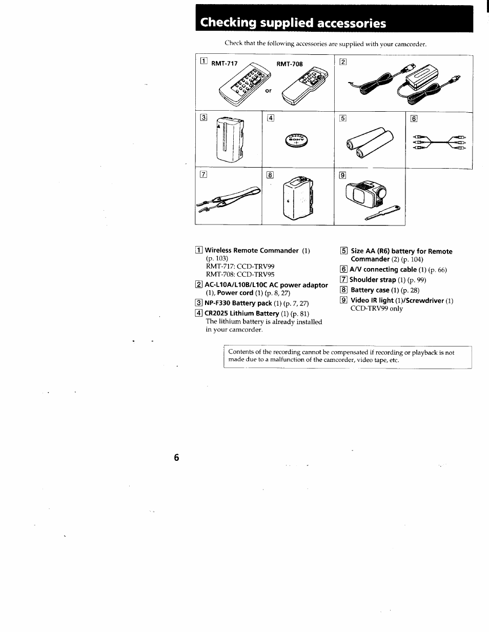 Checking supplied accessories, T] wireless remote commander (1), 3] np-f330 battery pack (1) (p. 7, 27) | S] cr2025 lithium battery (1) (p. 81), 6] a/v connecting cable (1) (p, 66) | Sony CCD-TRV95 User Manual | Page 7 / 110