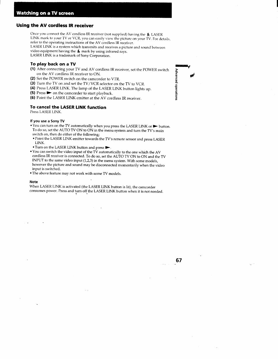 Watching on a tv screen, Using the av cordless ir receiver, To play back on a tv | To cancel the laser link function, If you use a sony tv, Note | Sony CCD-TRV95 User Manual | Page 70 / 110