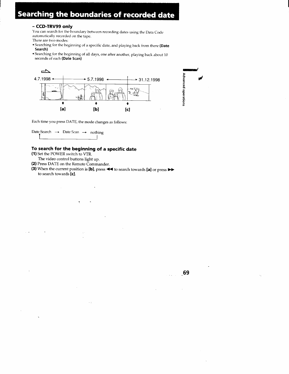 Searching the boundaries of recorded date, Ccd-trv99 only, To search for the beginning of a specific date | Date (ccd-trv99 only) | Sony CCD-TRV95 User Manual | Page 72 / 110