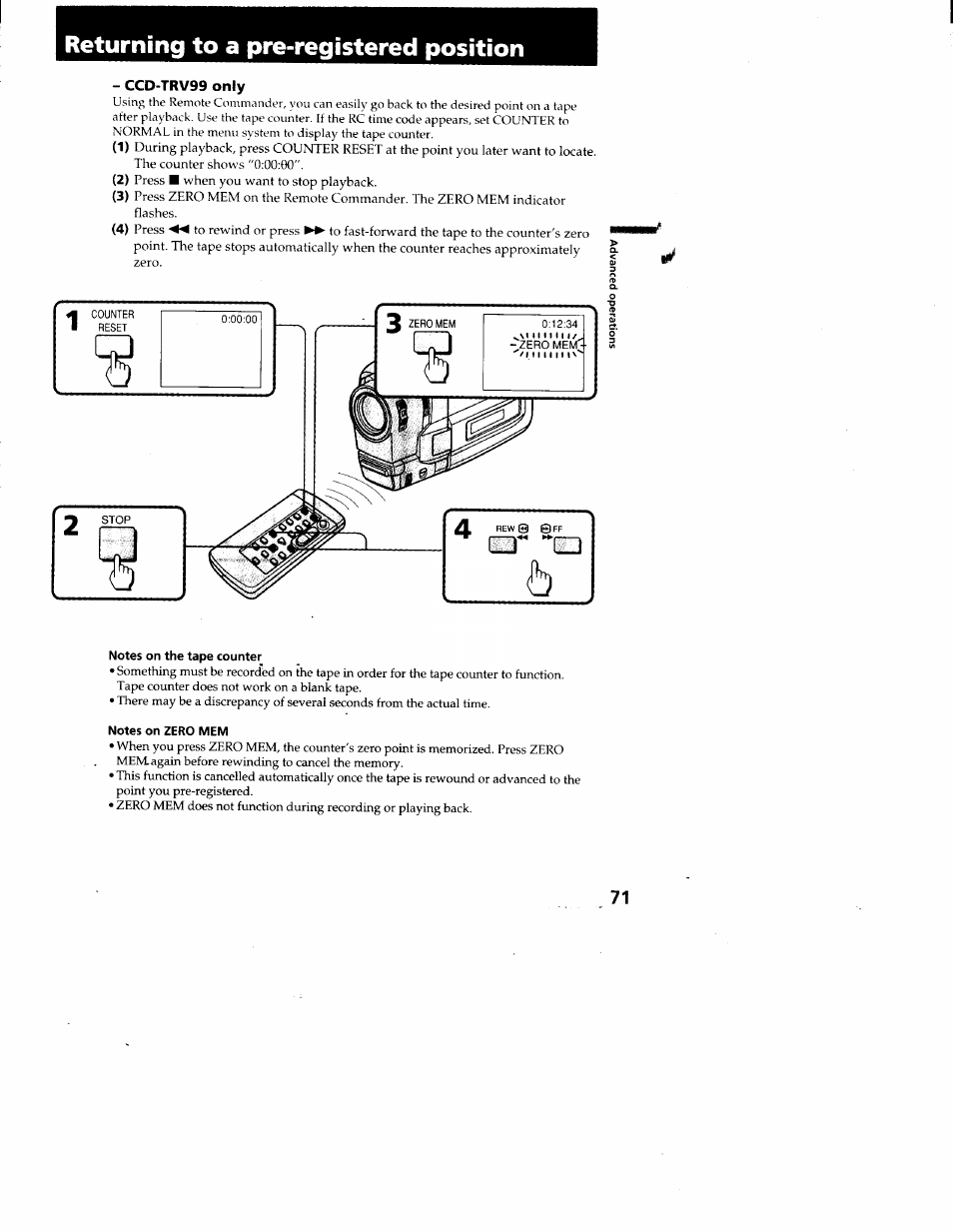 Returning to a pre-registered position, Ccd-trv99 only, Notes on the tape counter | Notes on zero mem, Ccd-trv99 only) | Sony CCD-TRV95 User Manual | Page 74 / 110